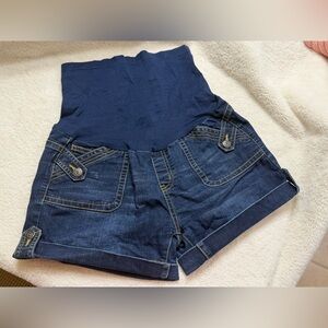 High-Waist Navy Maternity Denim Shorts with Stretch Panel